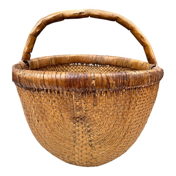 None Other - Chinese Rice Gathering Basket 15.5" D x 15.5" T Willow Handmade VTG Boho Asian